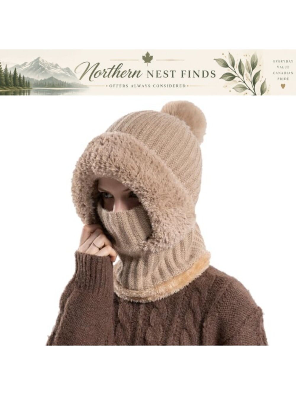 Enwokran Womens Winter Balaclava 3-in-1 Knitted Pompom Beanie Ski Mask Neck
